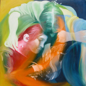 Mark Turners impressionistic painting of two people bowed together, oil on canvas