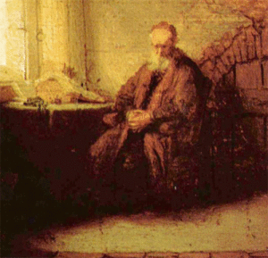detail painting of philosopher by Rembrandt