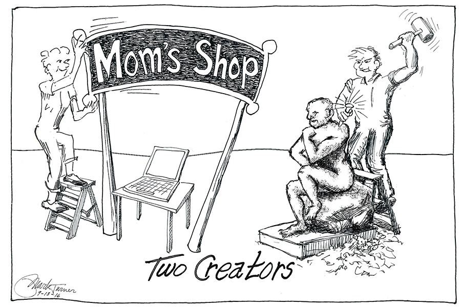 cartoon of 2 creators - Mom's Shop and a sculptor