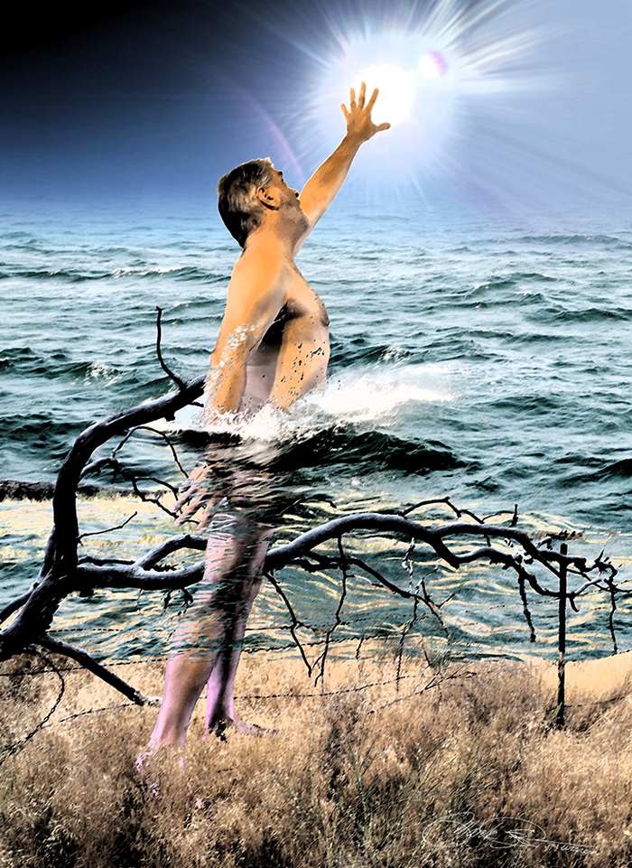 Surreal collage by Mark Turner of a man stands on dry ground and bursting through water to reach for the sun