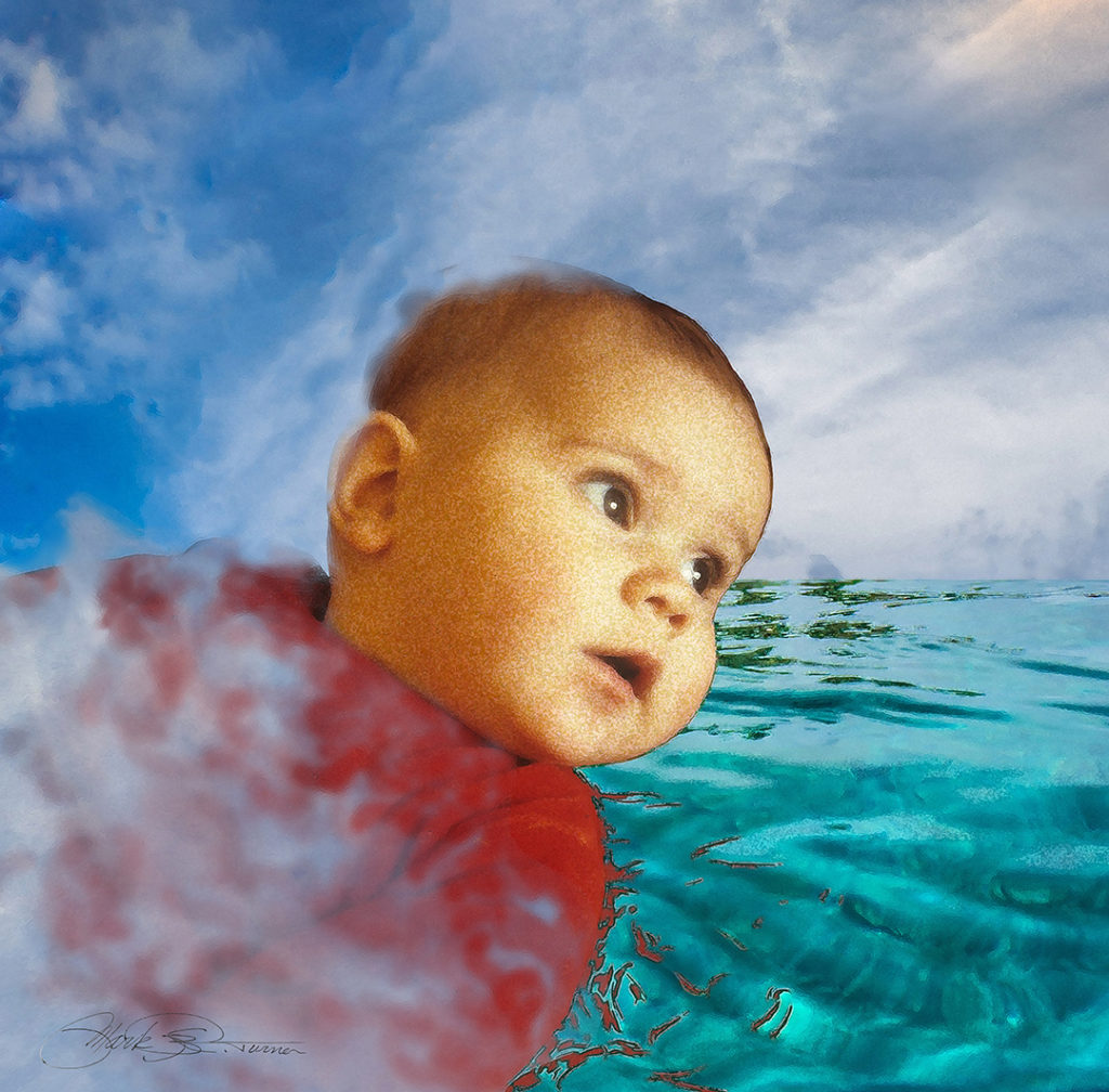 digital artwork of a baby floating in clouds and clear water, titled "A Child Looks Ahead" by Mark R. Turner