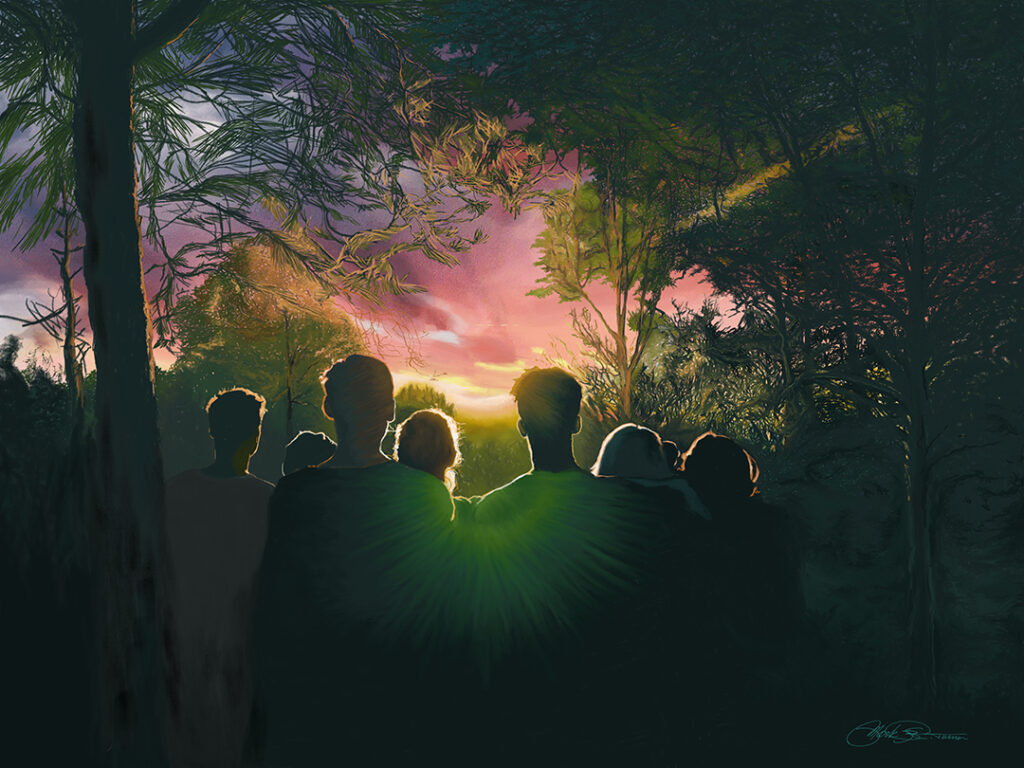 digital painting of group in dark facing light by Mark R. Turner