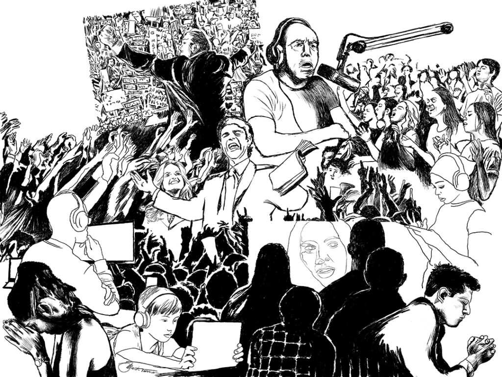 black and white drawing of crowds, presenters and media consumers by Mark R Turner 2-4-22