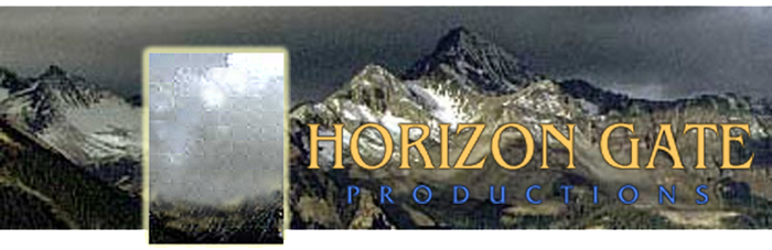 logo showing mountain range with a verticle rectangle cut through it on the left and text Horizon Gate Productions on the right