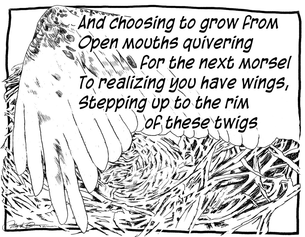 A line drawing of a bird's wing partly unfurled over a nest is in the background of the statement: "And choosing to grow from
Open mouths quivering for the next morsel
To realizing you have wings,
Stepping up to the rim of these twigs