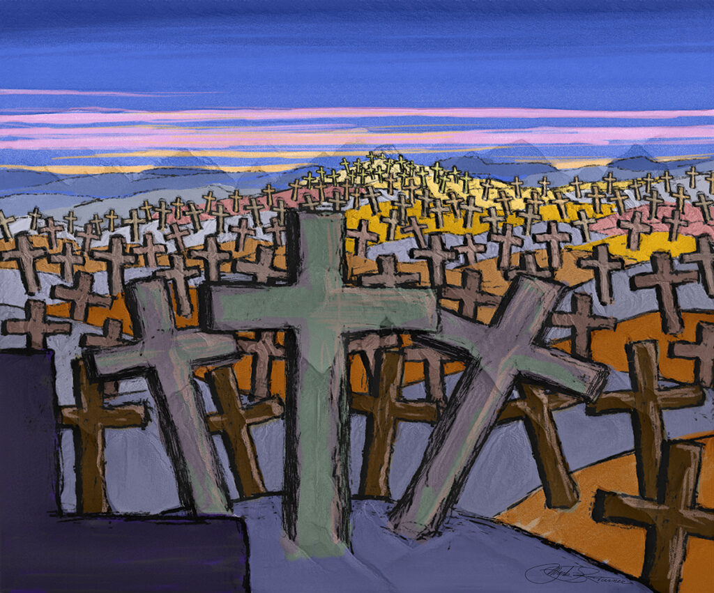 Counntless basic Christian crosses in muted colors cover the hills from foreground to over the horizon under a sunset.
