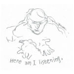 line drawing of contemplative man with title "Here am I listening"