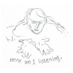 line drawing of contemplative man with title "Here am I listening"